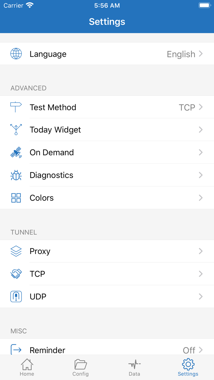 Shadowrocket公式のSettings画面。Test Method、On Demand、Diagnostics、Proxy、TCP、UDPの設定項目を表示