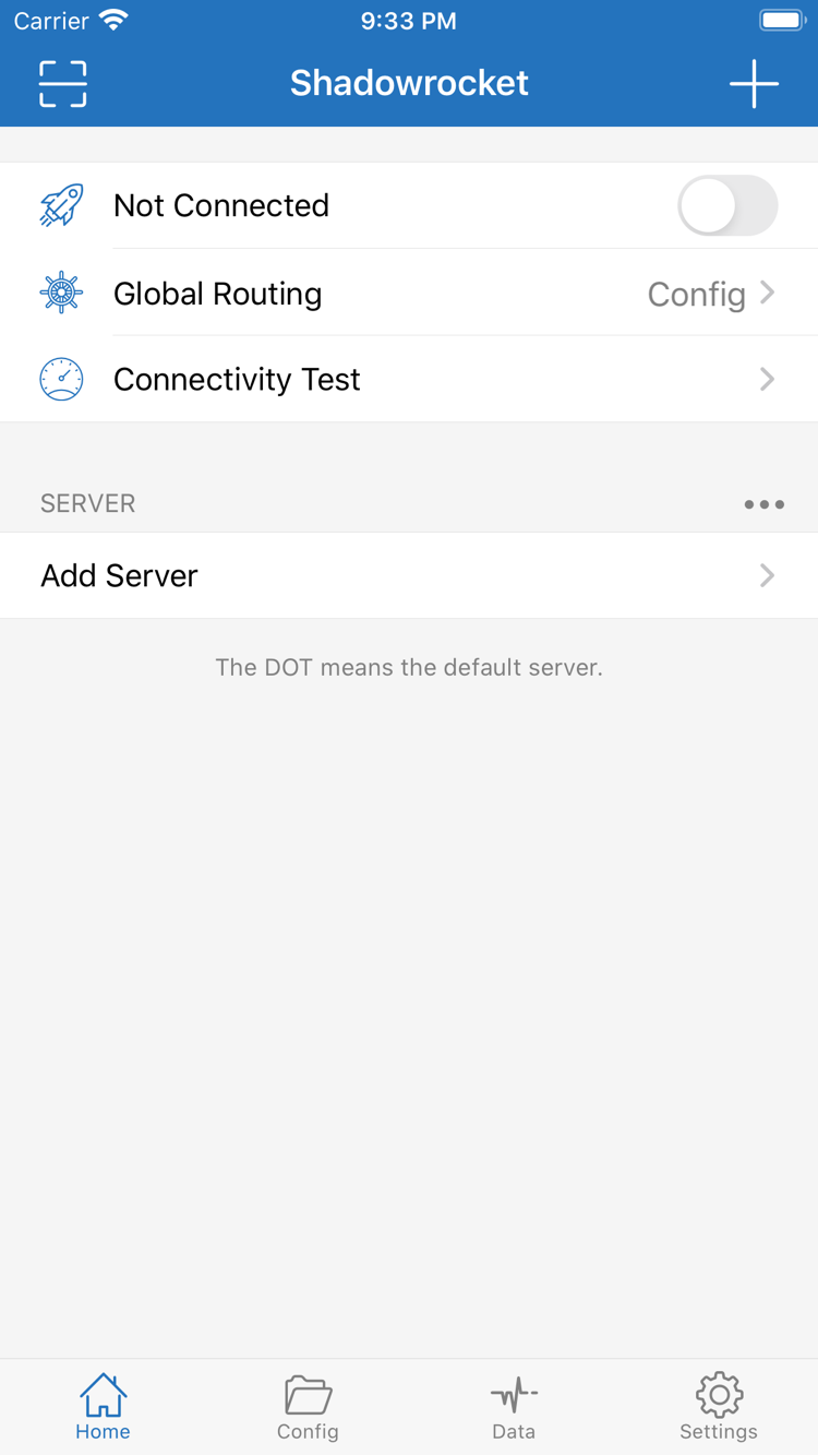 Shadowrocket公式Home画面。Not Connected、Global Routing、Connectivity Test、Add Serverを表示