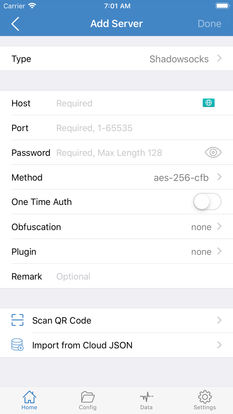 Shadowrocket公式Add Server画面。Type、Host、Port、Password、Method、Scan QR Code、Import from Cloud JSONを表示