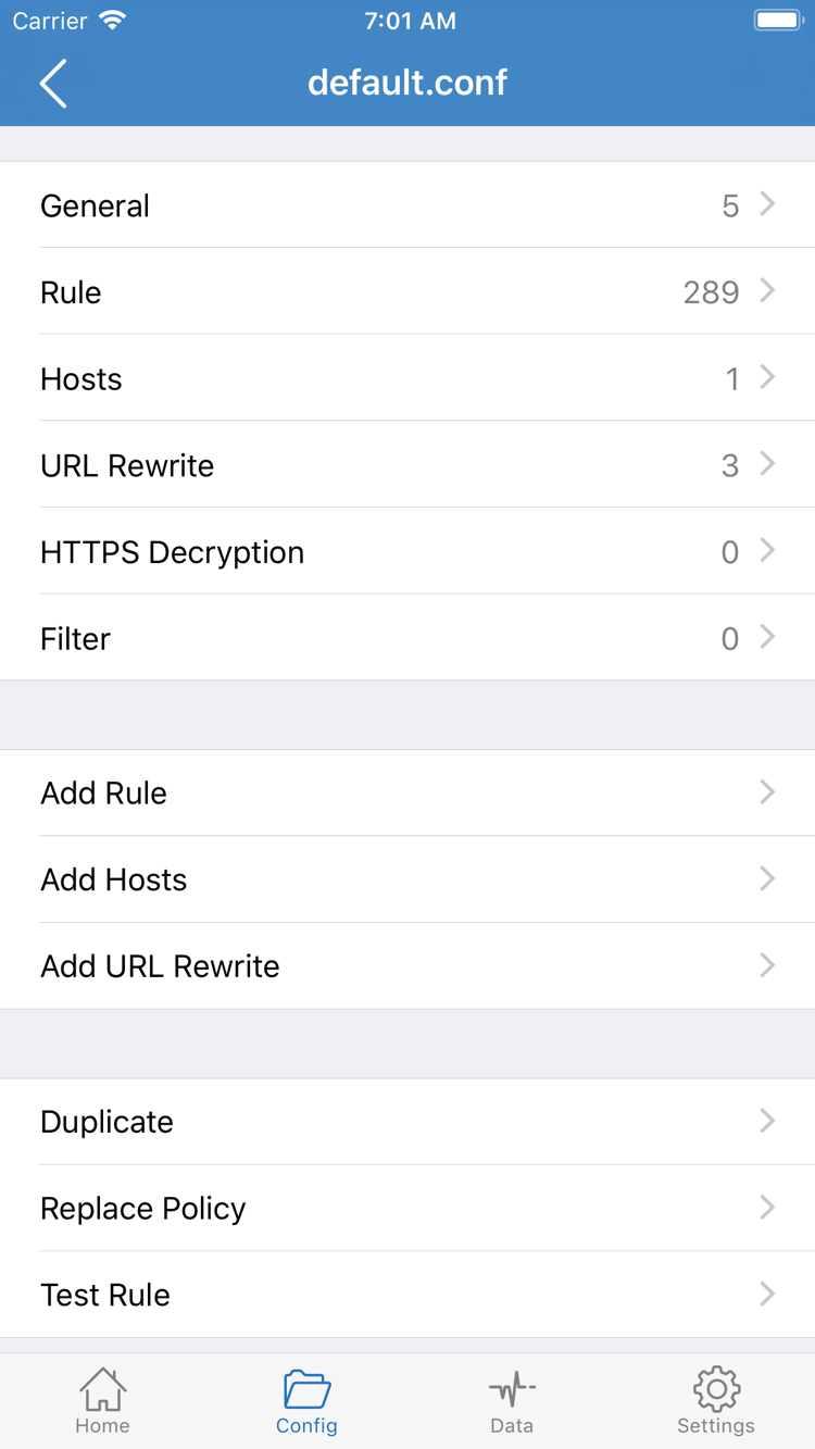 Shadowrocket公式のConfig設定ファイル編集画面。General、Rule、HostsなどのセクションとAdd Ruleを表示